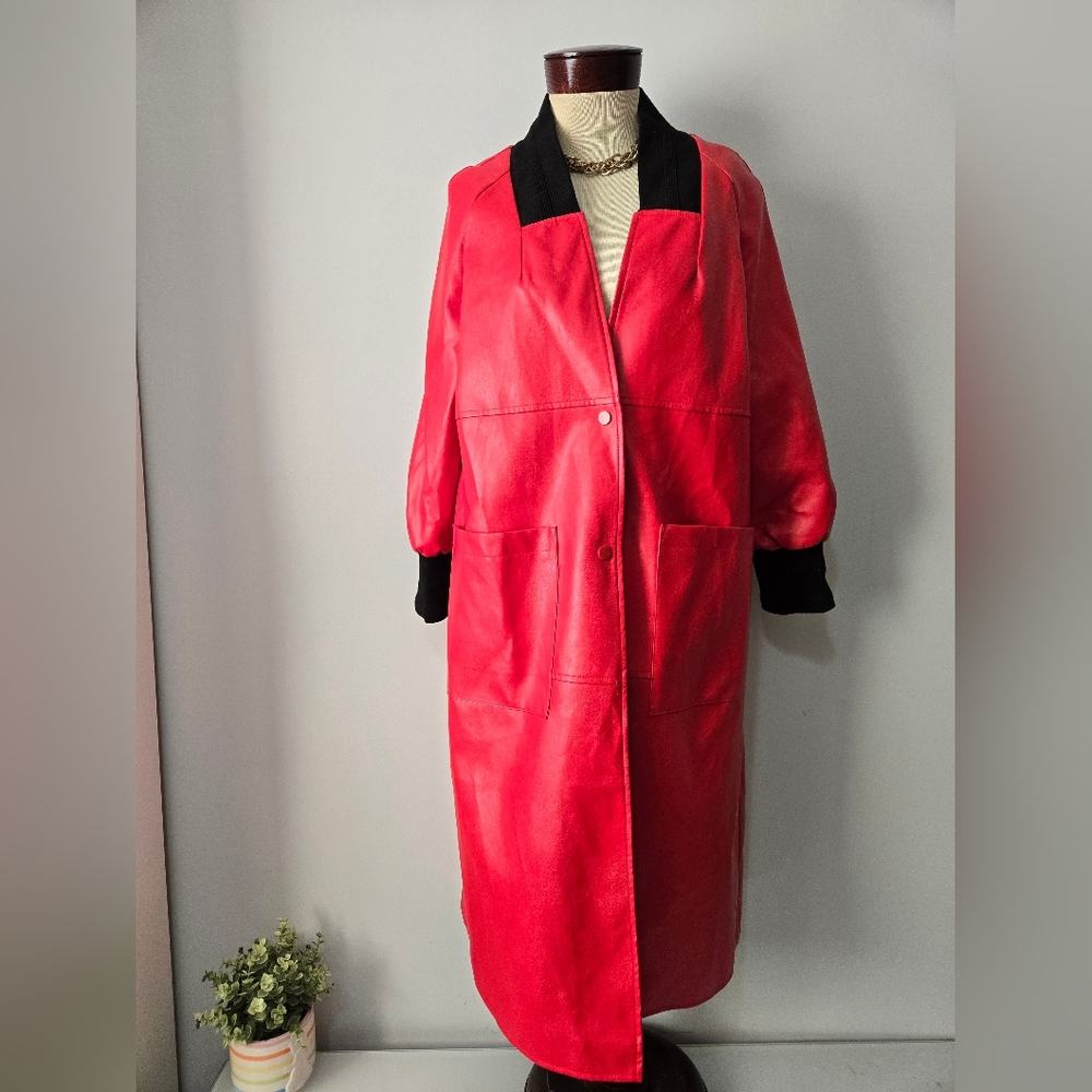 KATE HEWKO Designer Red Full Length Patent Leather Coat. Relaxed Fit XS